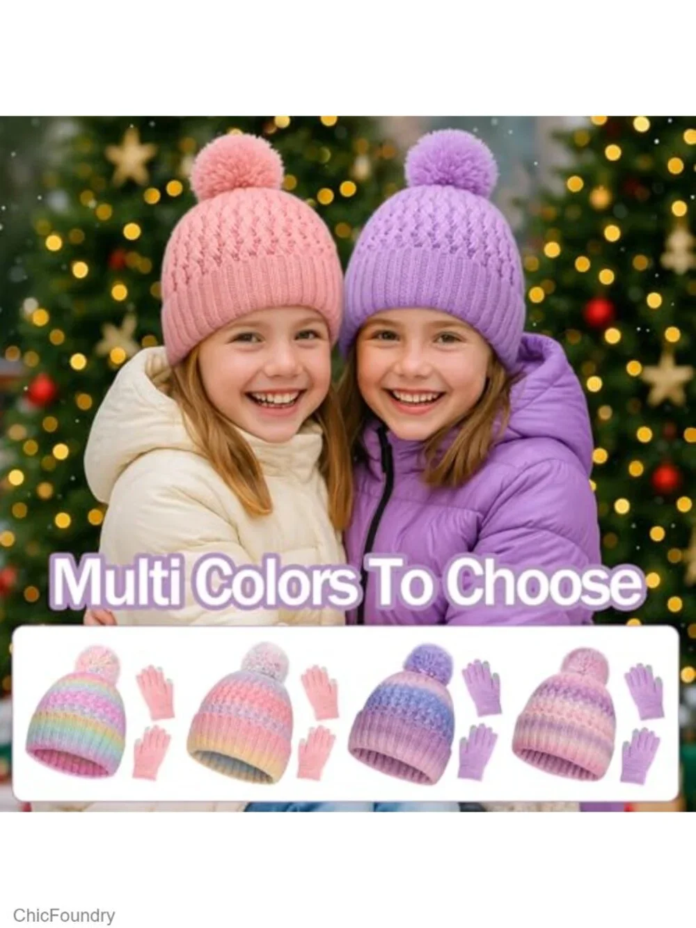 Kids Knit Beanie Hat and Gloves Set with Pom Pom - Touchscreen Compatible